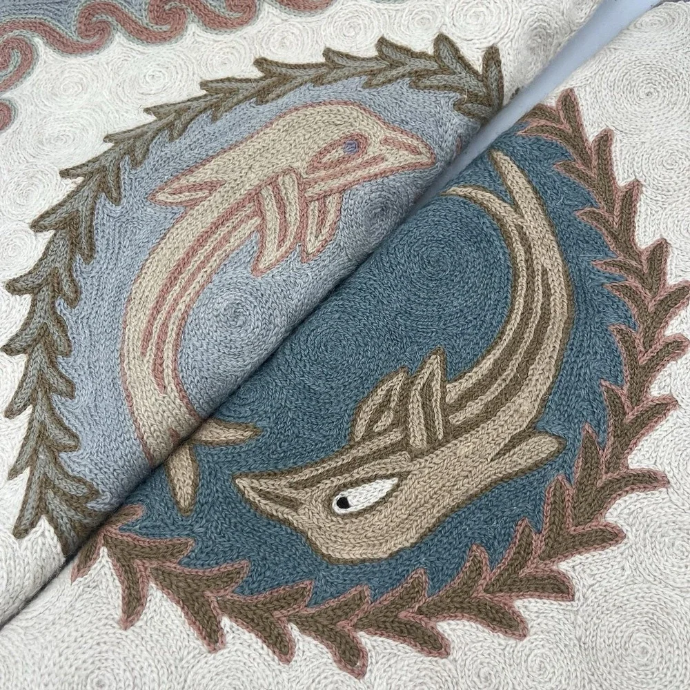 Set Embroidered Wool Pillow Cover Sham Handcrafted Nautical Blue Dolphin Vtg 16